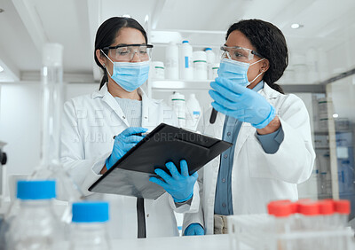 Buy stock photo Research, science and women with sample, clipboard and results with experiment, teamwork and feedback. Employees, checklist or scientist with testing, review formula and notes in chemistry laboratory