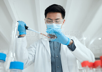 Buy stock photo Scientist, pipette and man with petri dish in laboratory for medical research, experiment or DNA testing. Science, dropper and pathologist with blood engineering for RNA discovery for healthcare.