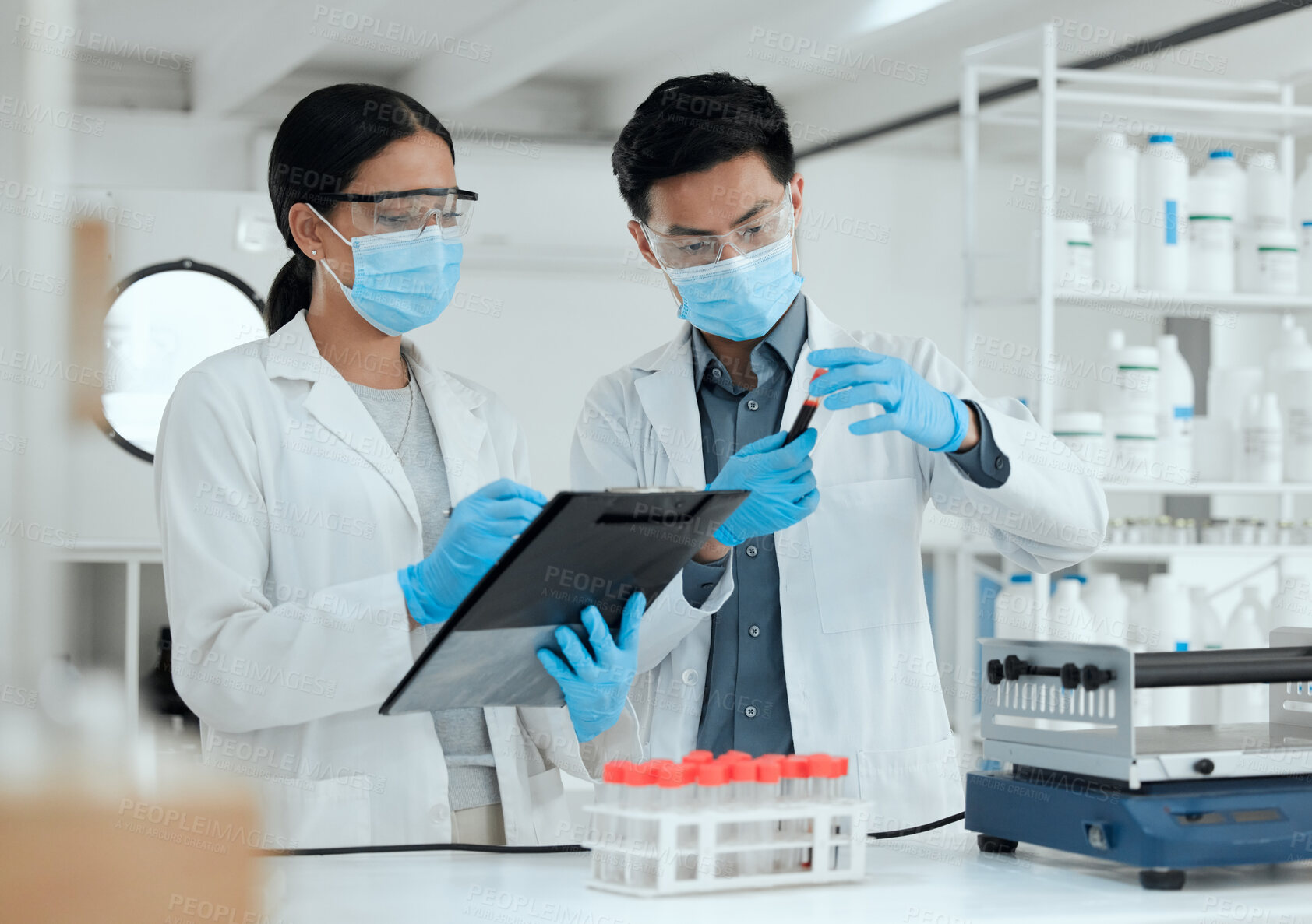 Buy stock photo People, scientist and folder with blood sample in test tube for medical analysis, investigation and research. Science, healthcare development and lab for dna exam or study and scientific experiment