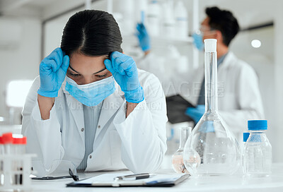 Buy stock photo Stress, woman and scientist with burnout in laboratory for medical research or experiment fail. Migraine, headache and biologist with pharmaceutical discovery mistake or crisis for monkeypox vaccine.