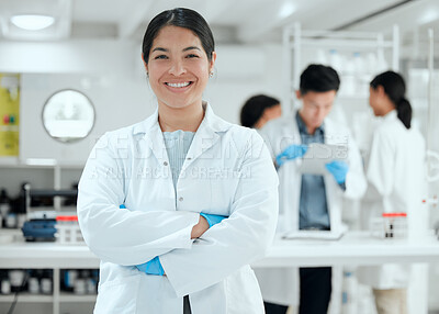 Buy stock photo Portrait, arms crossed or woman with smile in laboratory for science breakthrough, clinical trial or discovery. Medical, proud or happy scientist with vaccine research, cure or disease development