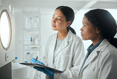 Buy stock photo Results, experiment or people in laboratory waiting for science breakthrough, clinical trial or discovery. Notes, medical exam or scientists writing checklist for DNA research, cure or development