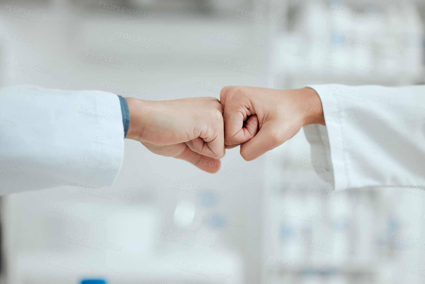 Buy stock photo Hands, people and fist bump for science, collaboration and innovation success with breakthrough discovery. Teamwork, scientist and celebration in lab for achievement, research and medical development