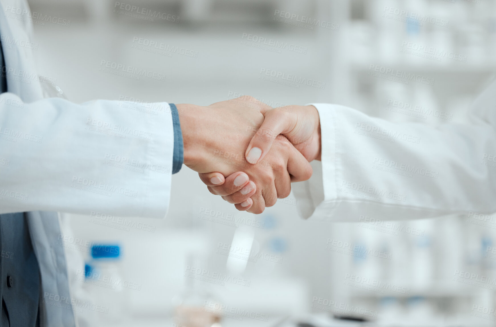 Buy stock photo Thank you, people and handshake for science, collaboration and innovation success with breakthrough. Teamwork, scientist and shaking hands in lab for achievement, research and medical development