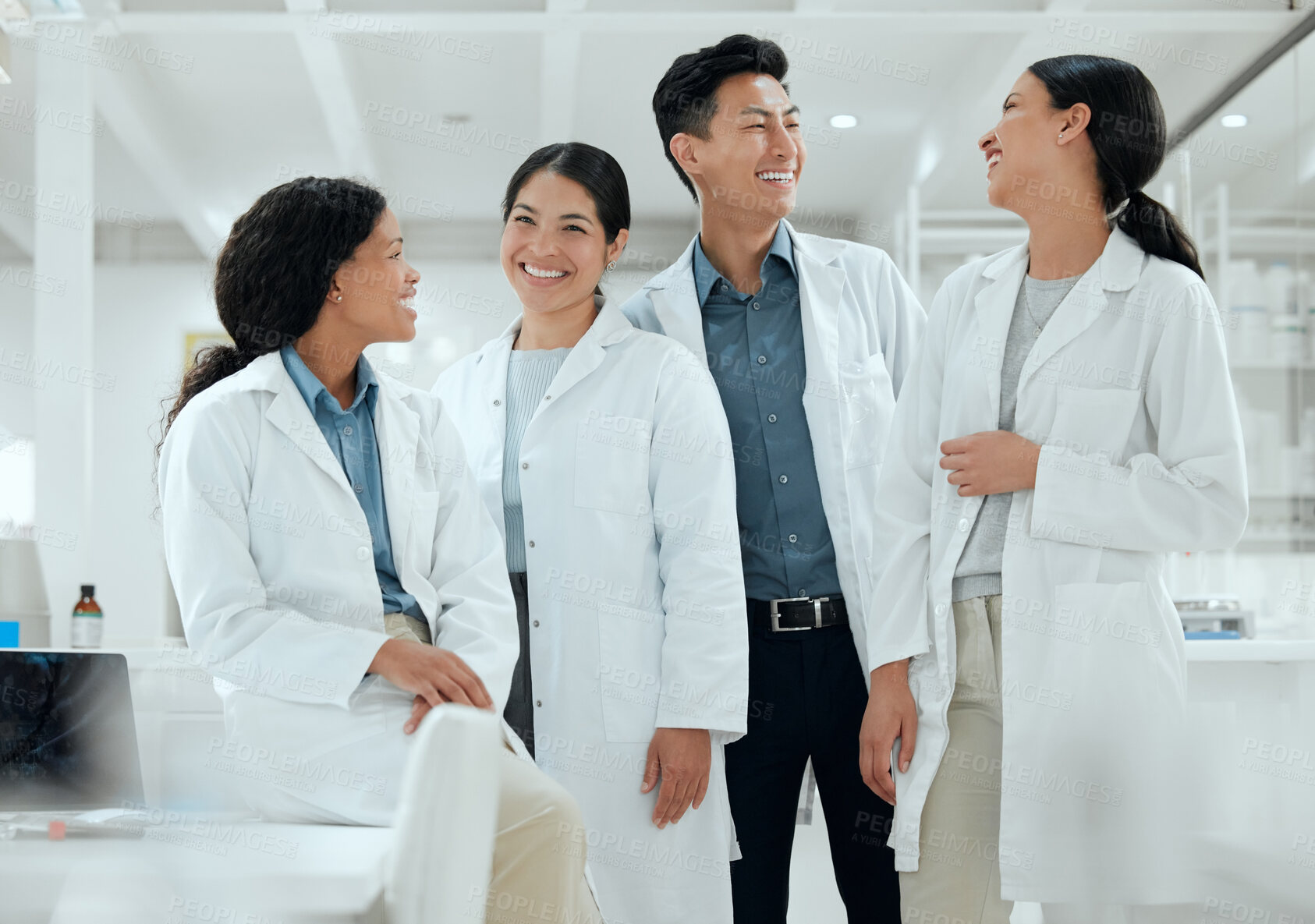 Buy stock photo Scientist, happy and collaboration in lab for research, communication and diversity with funny joke. People, science and partnership in workplace for conversation, innovation and medical development