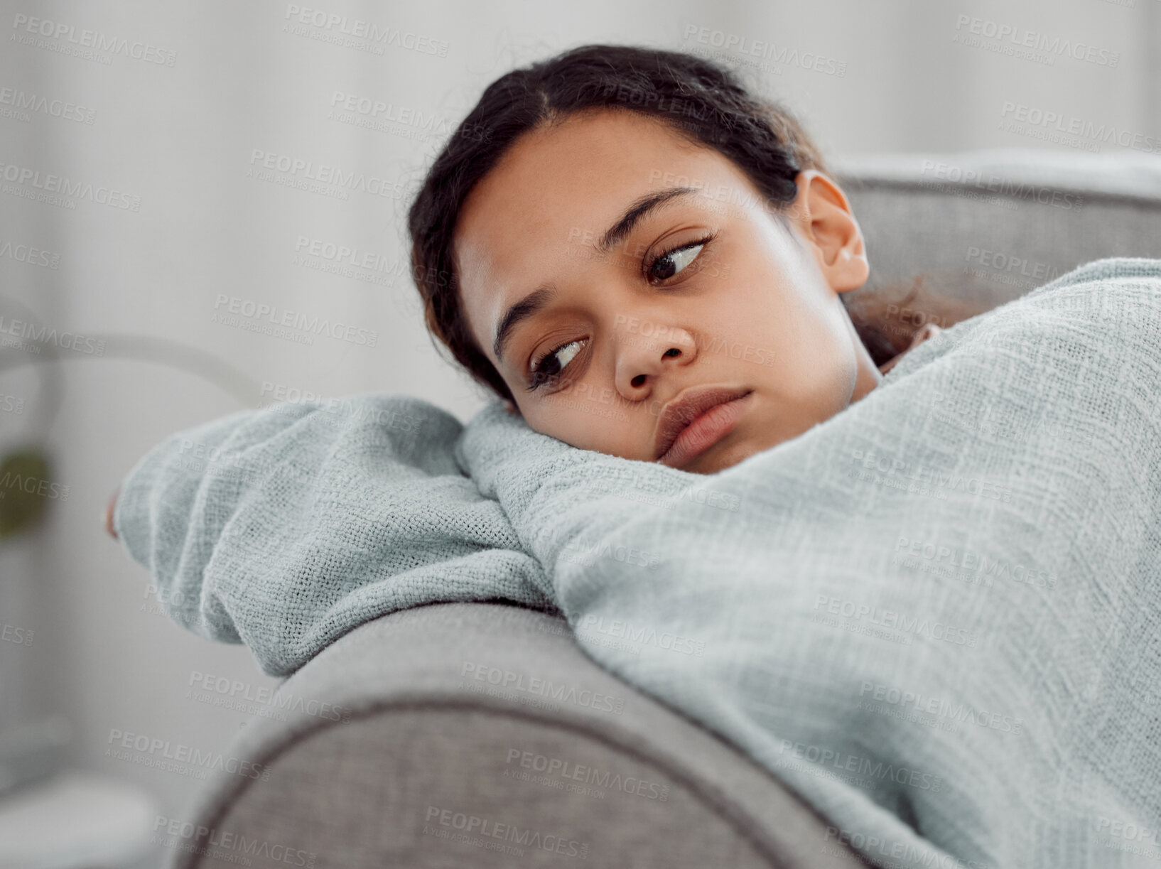 Buy stock photo Woman, depression and unhappy for sad, mental health and trauma in house with insomnia, grief and loss. Female person, anxiety and fatigue for burnout, pain and broken heart in apartment with sorrow 