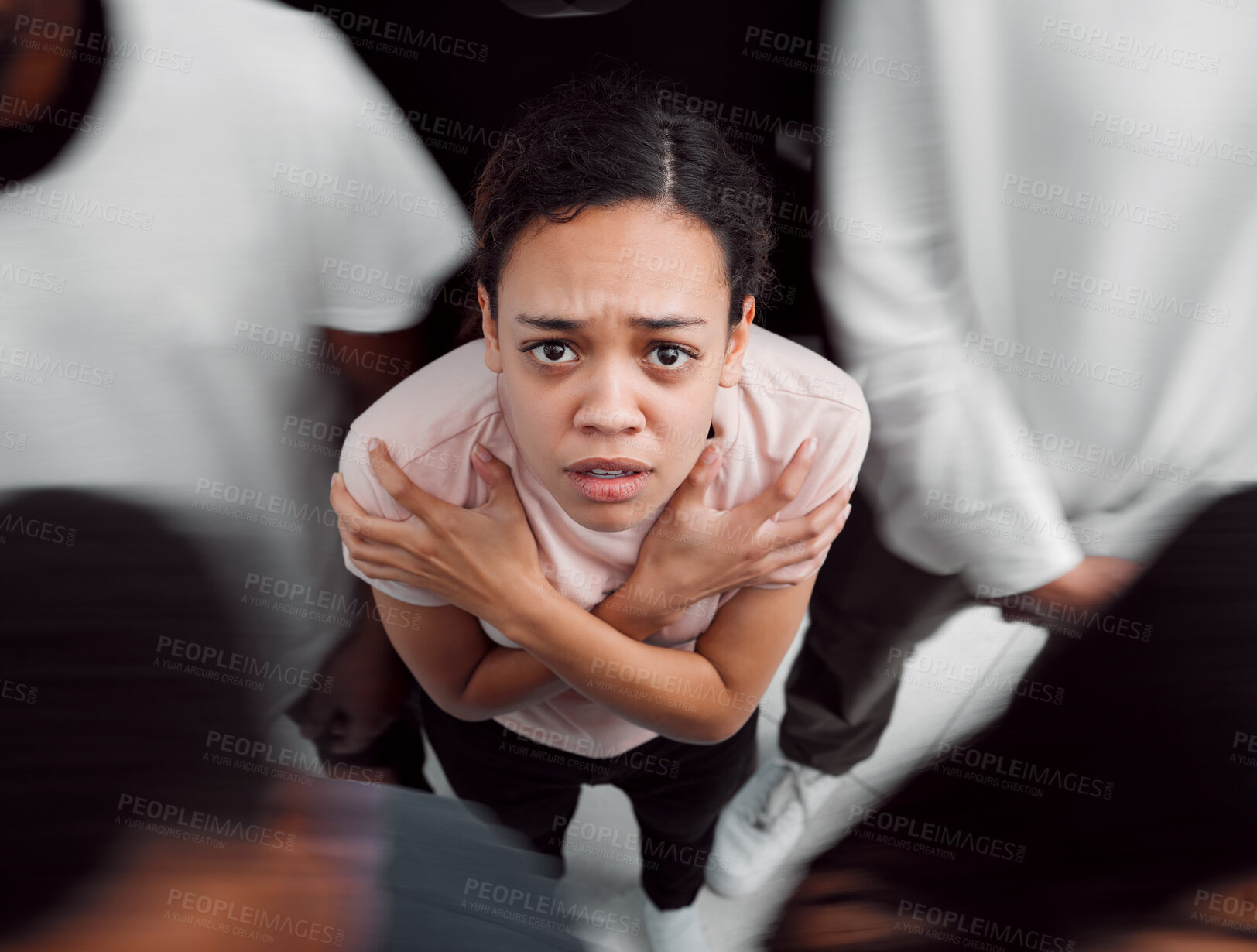 Buy stock photo Schizophrenia, portrait and woman with phobia of people for bipolar terror, addiction or mental health. Personality disorder, scared girl or panic with psychosis, top view or trauma anxiety in public