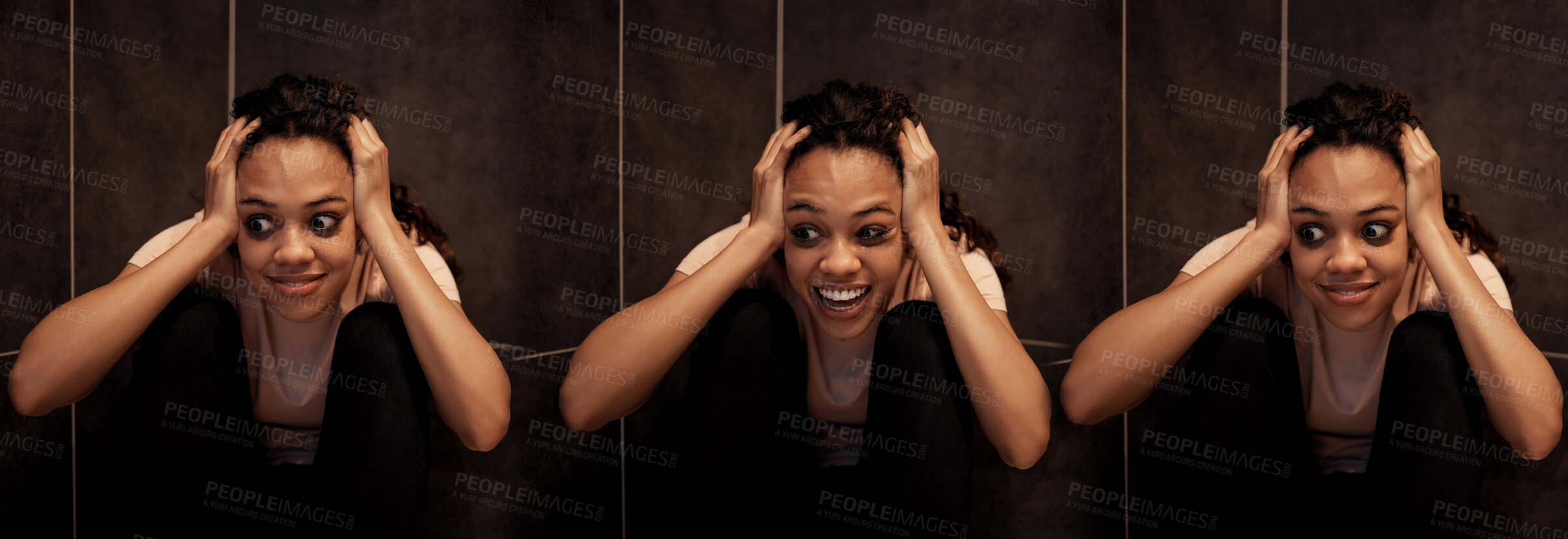 Buy stock photo Shot of a young female having a mental breakdown at home