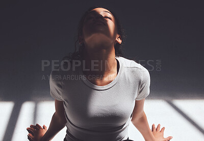 Buy stock photo Mental health, thinking and woman in hospital, depression and shadows with anxiety, recovery and breathing. Person, patient and girl with stress, nervous and healing with treatment, tired and bipolar