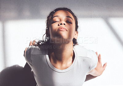 Buy stock photo Mental health, thinking and woman in hospital, sunshine and shadows with anxiety, recovery and breathing. Person, patient and girl with stress, depression and healing with treatment, tired or bipolar