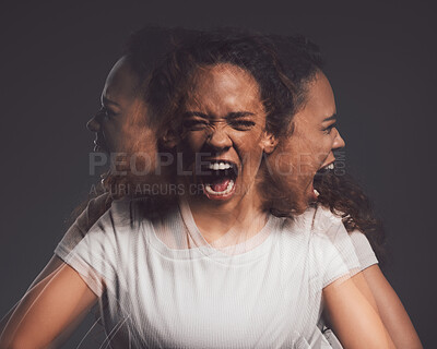 Buy stock photo Woman, schizophrenia and double exposure of face with scream, fear and anger in studio. Frustrated, split personality and ptsd reaction with bipolar or trauma with identity crisis and mental health