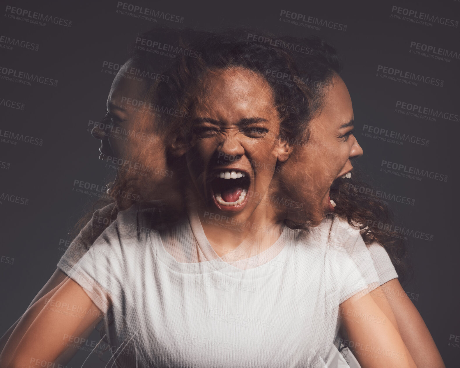 Buy stock photo Woman, schizophrenia and double exposure of face with scream, fear and anger in studio. Frustrated, split personality and ptsd reaction with bipolar or trauma with identity crisis and mental health