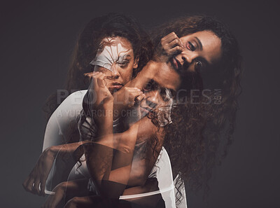 Buy stock photo Portrait, woman and depression with double exposure for mental health, bipolar war and schizophrenia. Girl, identity crisis and psychology change of reflection, trauma conflict and dark background