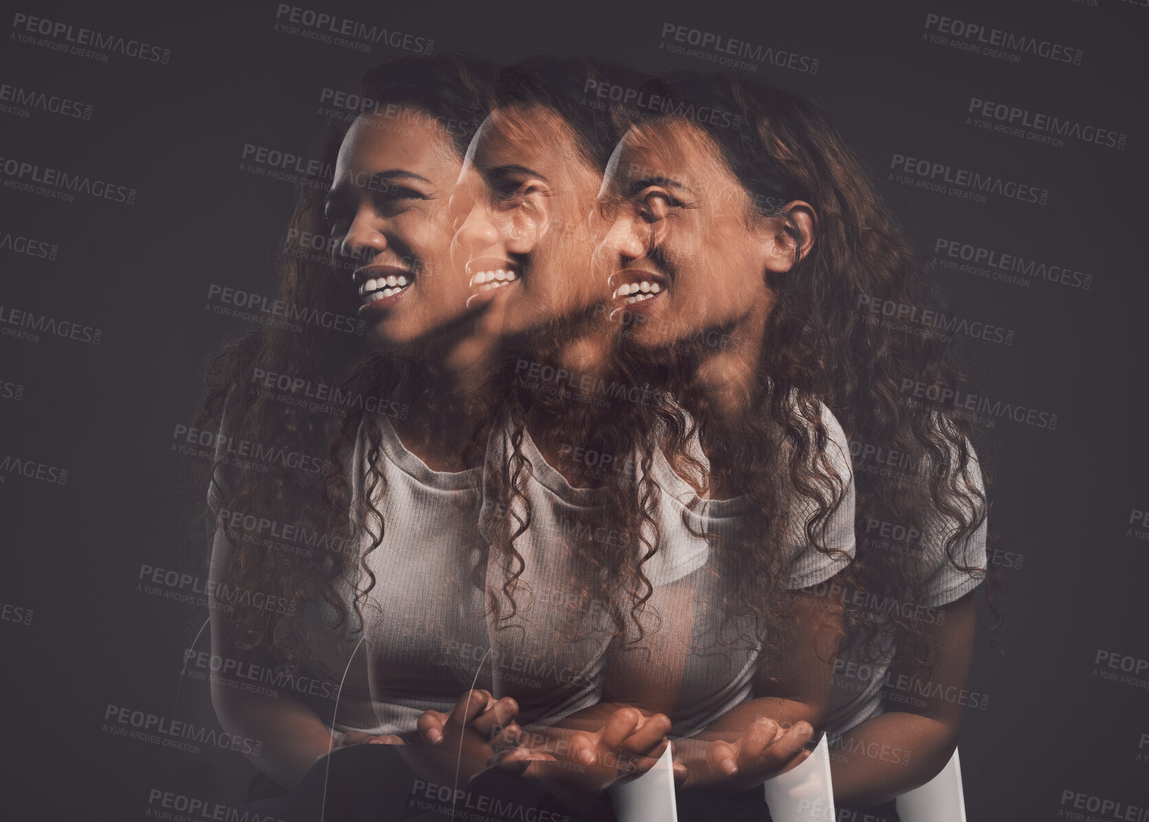 Buy stock photo African, girl and depression with double exposure for mental health, bipolar war and schizophrenia. Woman, identity crisis and psychology change of anxiety battle, trauma conflict and dark background