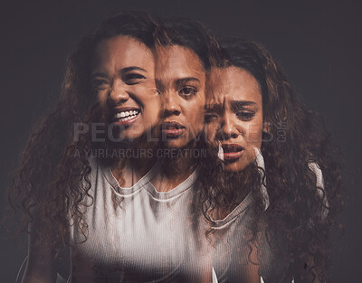 Buy stock photo African, woman and depression with double exposure for mental health, bipolar war and schizophrenia. Girl, identity crisis and psychology change of reflection, trauma conflict and dark background