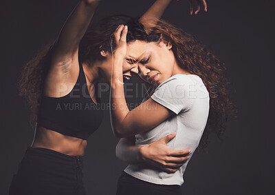 Buy stock photo Woman, sad and depression in fear, anxiety and crying for mental health on dark background. Female person, bipolar disorder and cry for help, therapy and healing with grief or loss in double exposure