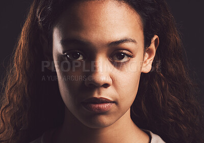 Buy stock photo Mental health, portrait and person with bipolar disorder in studio for sad, psychology and ptsd illness. Identity crisis, mindset and depression with woman on black background for mood swing