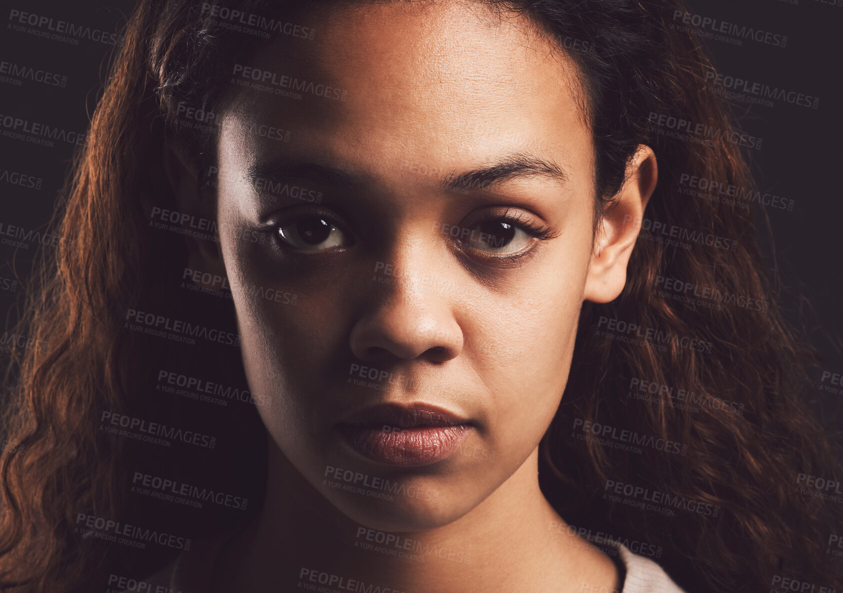 Buy stock photo Mental health, portrait and person with bipolar disorder in studio for sad, psychology and ptsd illness. Identity crisis, mindset and depression with woman on black background for mood swing