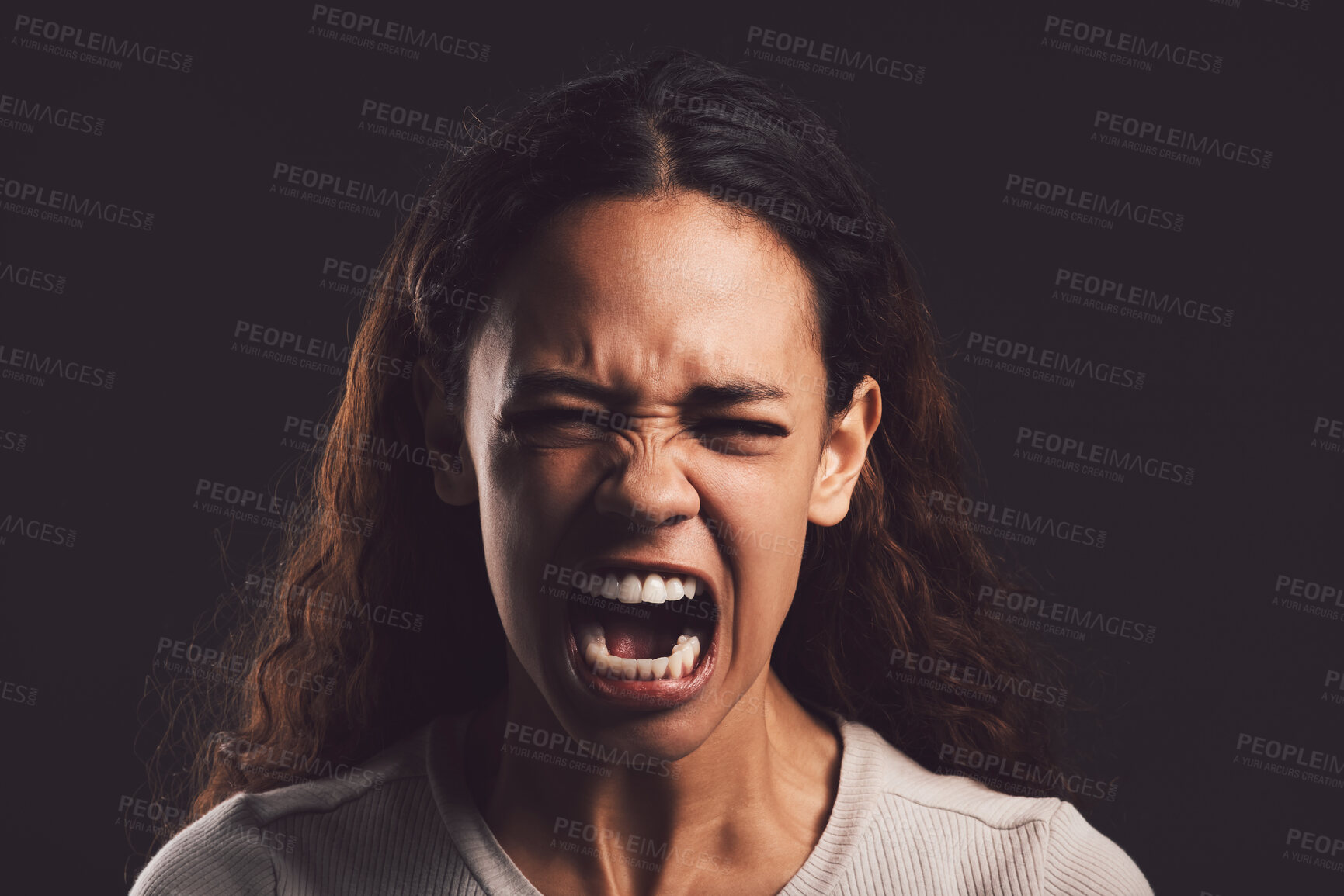 Buy stock photo Angry woman, portrait and screaming with trauma for anxiety, stress or mental illness on a dark studio background. Frustrated, female person or victim shouting with bipolar or agression in isolation