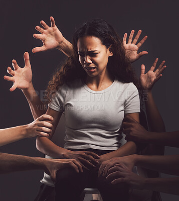 Buy stock photo Scared woman, hands and stress with trauma for mental illness, psychiatric fear or hostage on a dark studio background. Young, female person or victim with depression, abuse or anxiety in asylum