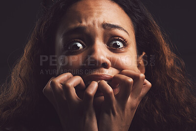 Buy stock photo Nervous woman, portrait or abuse with trauma in fear for anxiety, kidnapping or mental illness on a dark studio background. Female person, victim or worry with feeling, emotion or afraid in isolation