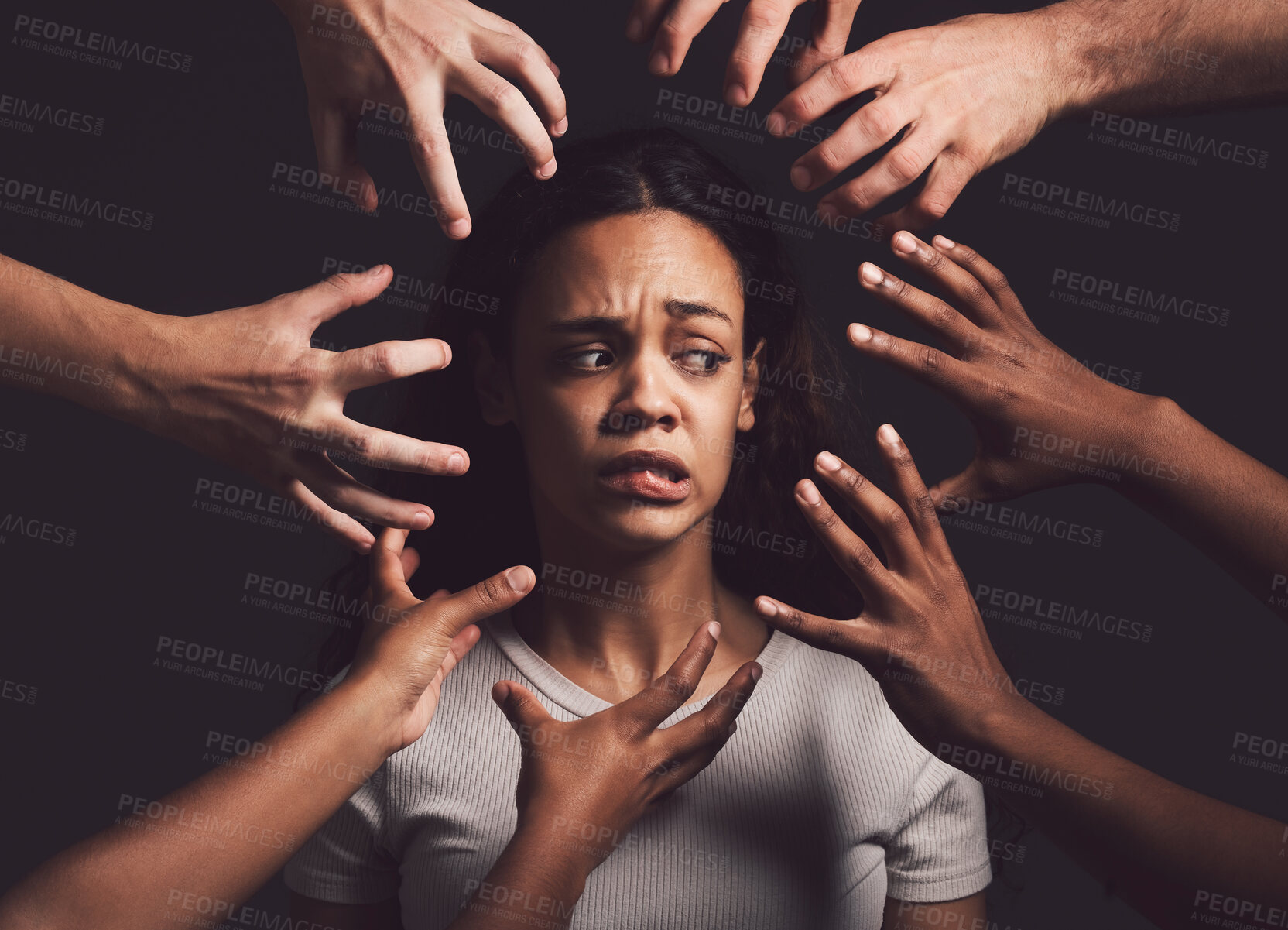 Buy stock photo Woman, hands and trauma with victim in fear for phobia, stress or anxiety on a dark studio background. Frustrated, female person or nervous model in silence for terror, abuse or torture with emotion