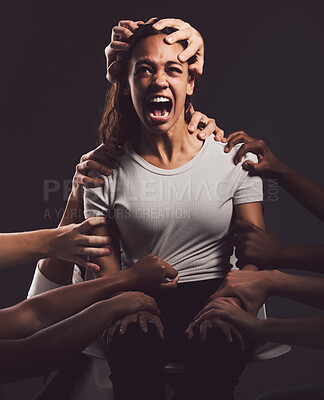 Buy stock photo Scared woman, screaming and victim with hands for kidnapping, robbery or hostage on a dark studio background. Frustrated, female person or shouting in fear for trauma, abuse or torture with emotion