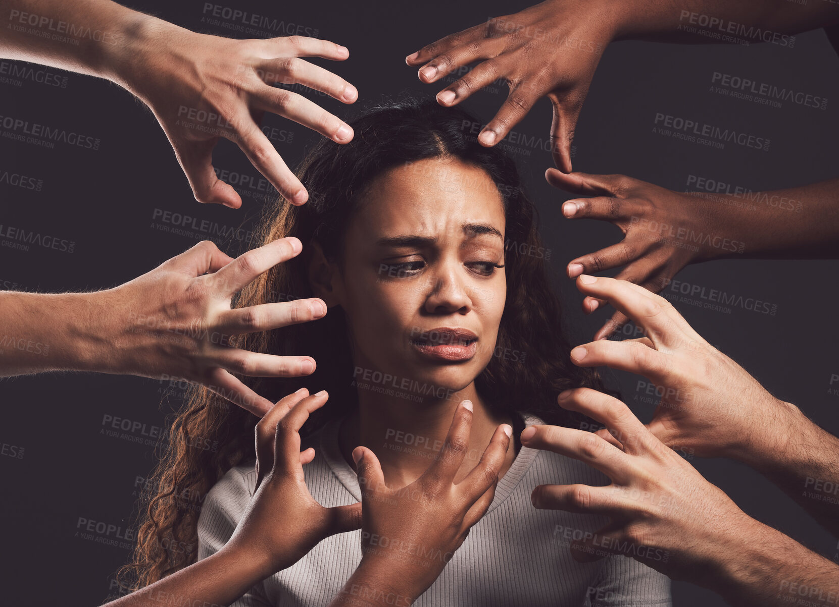 Buy stock photo Woman, fear and paranoid with hands in anxiety, pain and mental health on dark background. Female person, bipolar disorder and emotional with crying for help, therapy and healing in grief or distress