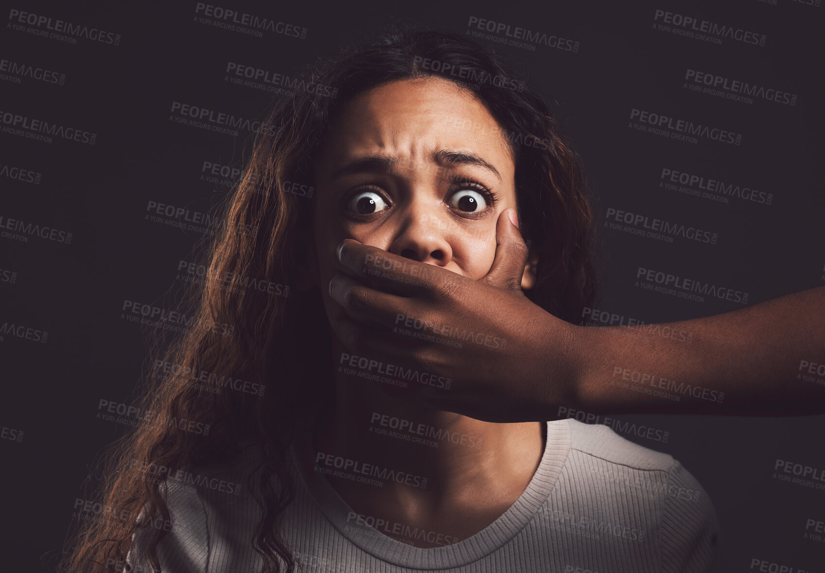 Buy stock photo Woman, hand and covering mouth in portrait with abuse, anxiety and fear in abduction on kidnapping. Female person, domestic violence and crying for help as human trafficking victim on dark background