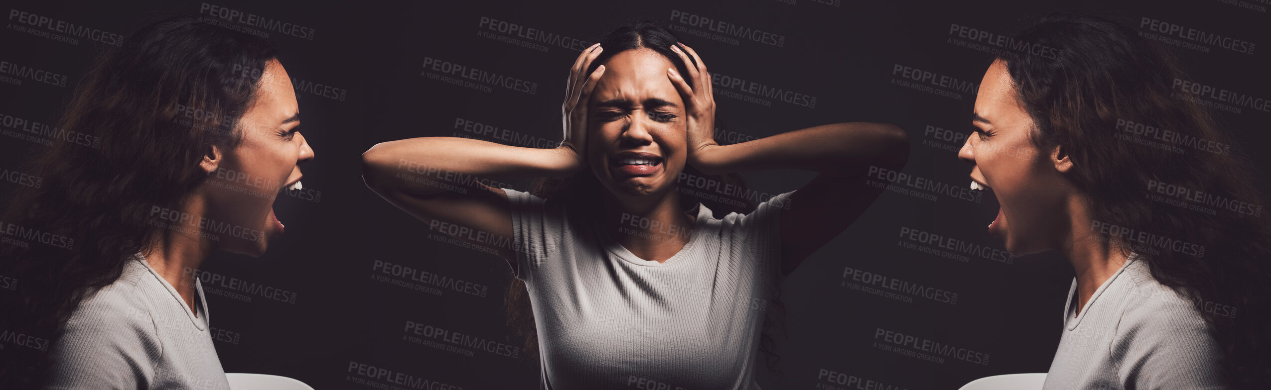 Buy stock photo Girl, bipolar disorder and depression in fear, anxiety and crying for help or mental health. Female person, pain and sad in therapy or healing with grief or loss in double exposure on dark background