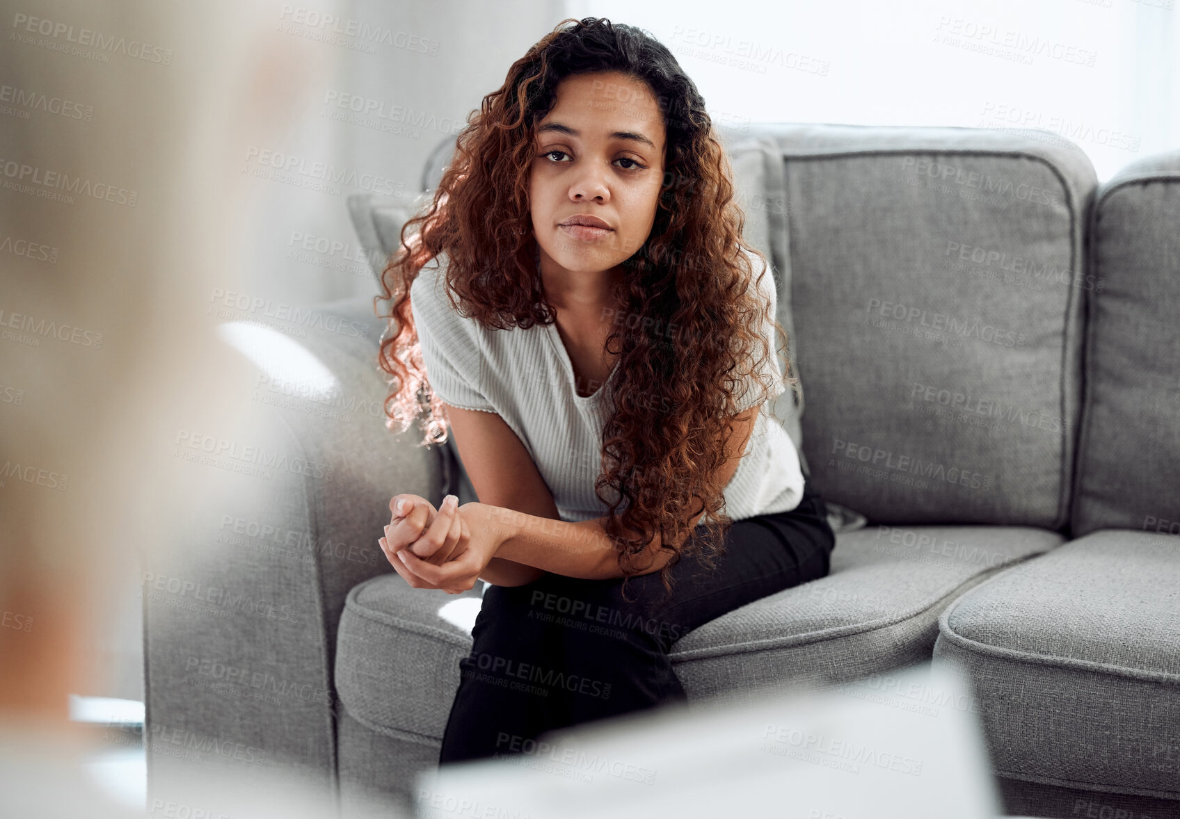 Buy stock photo Woman, therapist and listening to patient in consultation for help, support or mental health. Psychologist, counseling and girl in rehabilitation for stress, depression or addiction advice in office