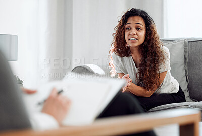 Buy stock photo Woman, psychologist and listen to patient in consultation for help, support or mental health. Hand, counseling or therapist writing notes closeup for stress, addiction advice or depression in office