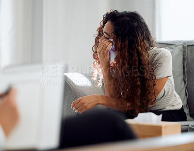 Buy stock photo Woman, therapy and patient crying in consultation for mental health, addiction and support. Psychology, counseling and tears of sad girl in rehabilitation for stress, depression or trauma in office