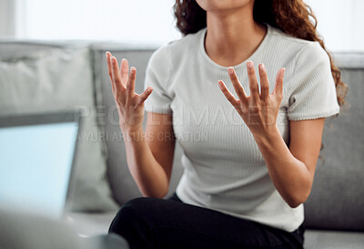 Buy stock photo Hands, frustrated and therapy for person, talking and help for mental health, stress and anxiety in clinic. Angry, emotional and explaining to psychologist, digital and treatment for bipolar and app