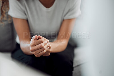 Buy stock photo Hands, psychology and mental health with a woman in a therapy session for grief counseling after loss. Anxiety, stress or depression with a female patient feeling nervous in a clinic for support