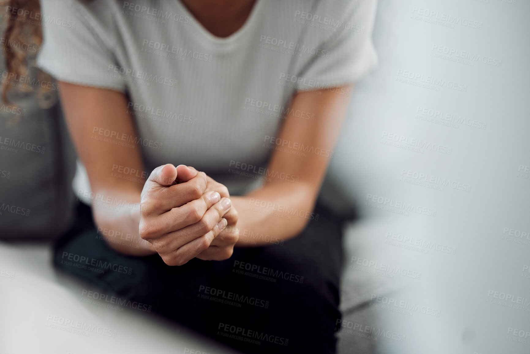 Buy stock photo Hands, psychology and mental health with a woman in a therapy session for grief counseling after loss. Anxiety, stress or depression with a female patient feeling nervous in a clinic for support