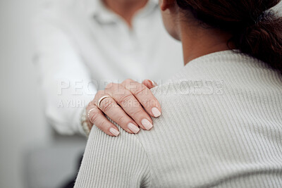 Buy stock photo Healthcare, empathy and hand of doctor on shoulder of patient for comfort, feedback or results, Bad news, medical and support with medicine professional talking to person in hospital for diagnosis