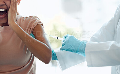 Buy stock photo Fear, healthcare or injection with doctor and patient in hospital for vaccine to protect from covid virus. Arm, jab and pandemic with woman screaming in clinic for compliance, cure or treatment