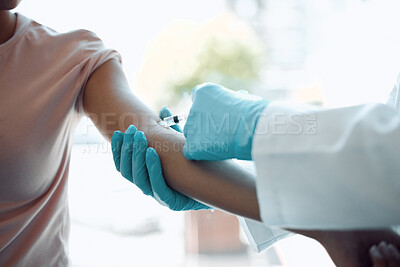 Buy stock photo Woman, doctor and injection with syringe for vaccination, flu shot or antivirus at hospital. Closeup, hands and medical professional giving patient vaccine for cure, clinic checkup or appointment