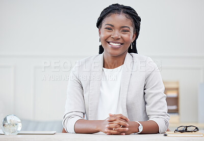 Buy stock photo Black woman, smile and business portrait at desk for corporate career, pride or happiness. Face of professional african female entrepreneur or CEO with success mindset, development and startup growth