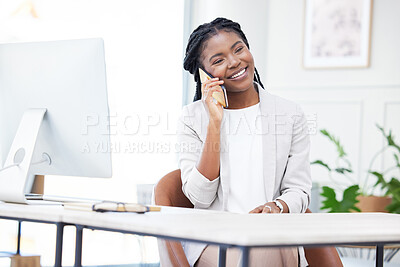Buy stock photo Black woman, business and phone call at a desk for communication, chat and network connection. Happy african female entrepreneur talking on smartphone for conversation or consultation at company