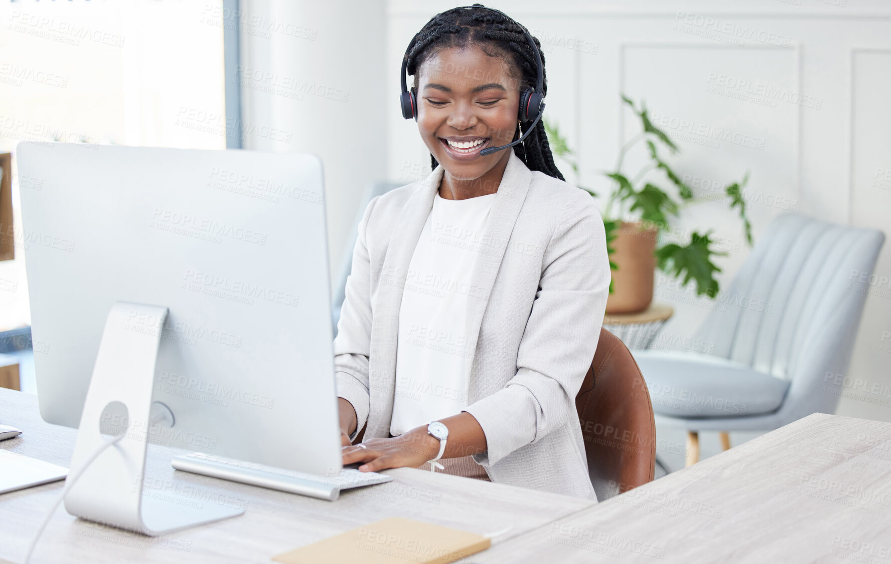 Buy stock photo Typing, advisor or black woman in telemarketing call center consulting or communication for loan advice. Finance business, customer support or virtual assistant talking on computer online in office