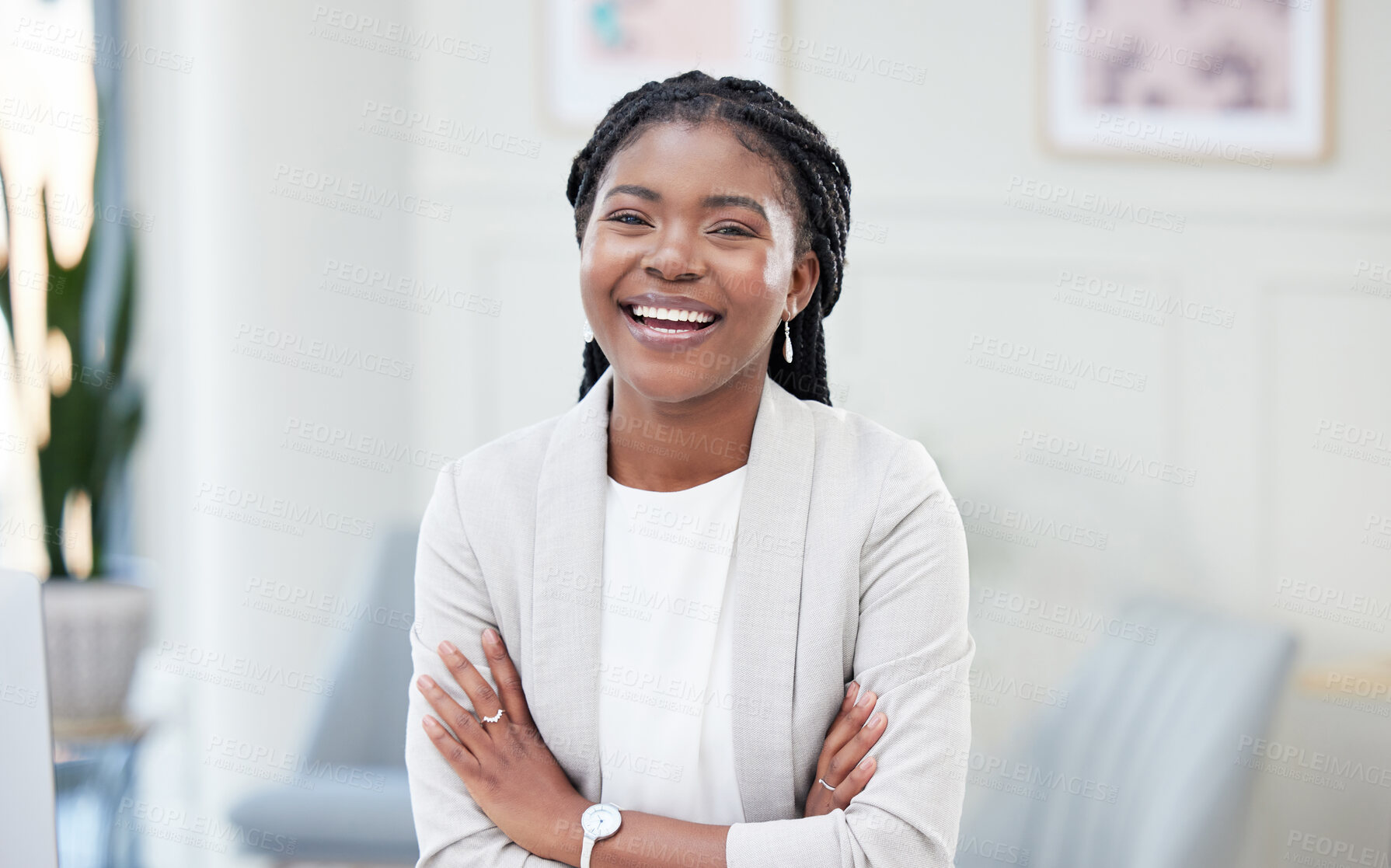 Buy stock photo Confidence, crossed arms and portrait of a businesswoman in the office with leadership and success. Happy, smile and professional African female corporate ceo standing with vision in her workplace.