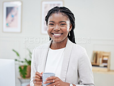 Buy stock photo Black woman, face and business smile with coffee in office for corporate career. Portrait of professional african female entrepreneur or CEO with tea cup, success mindset or startup growth motivation