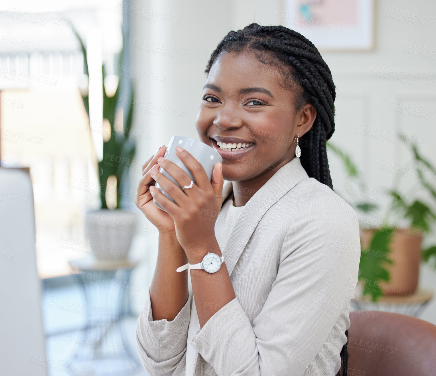 Buy stock photo Portrait, cup and smile for black woman in office, coffee and comfort at desk with drink. Face, professional and happy with caffeine for energy in workplace, lawyer and law firm for female person