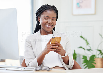 Buy stock photo Business, black woman and typing on phone at a desk for communication, chat and social media. Happy african female entrepreneur reading email or post on smartphone app with network connection