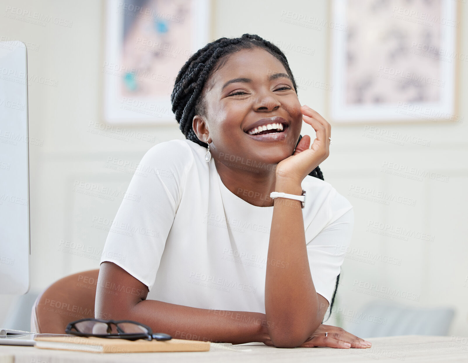 Buy stock photo Shot of a beautiful young businesswoman taking a break in her office