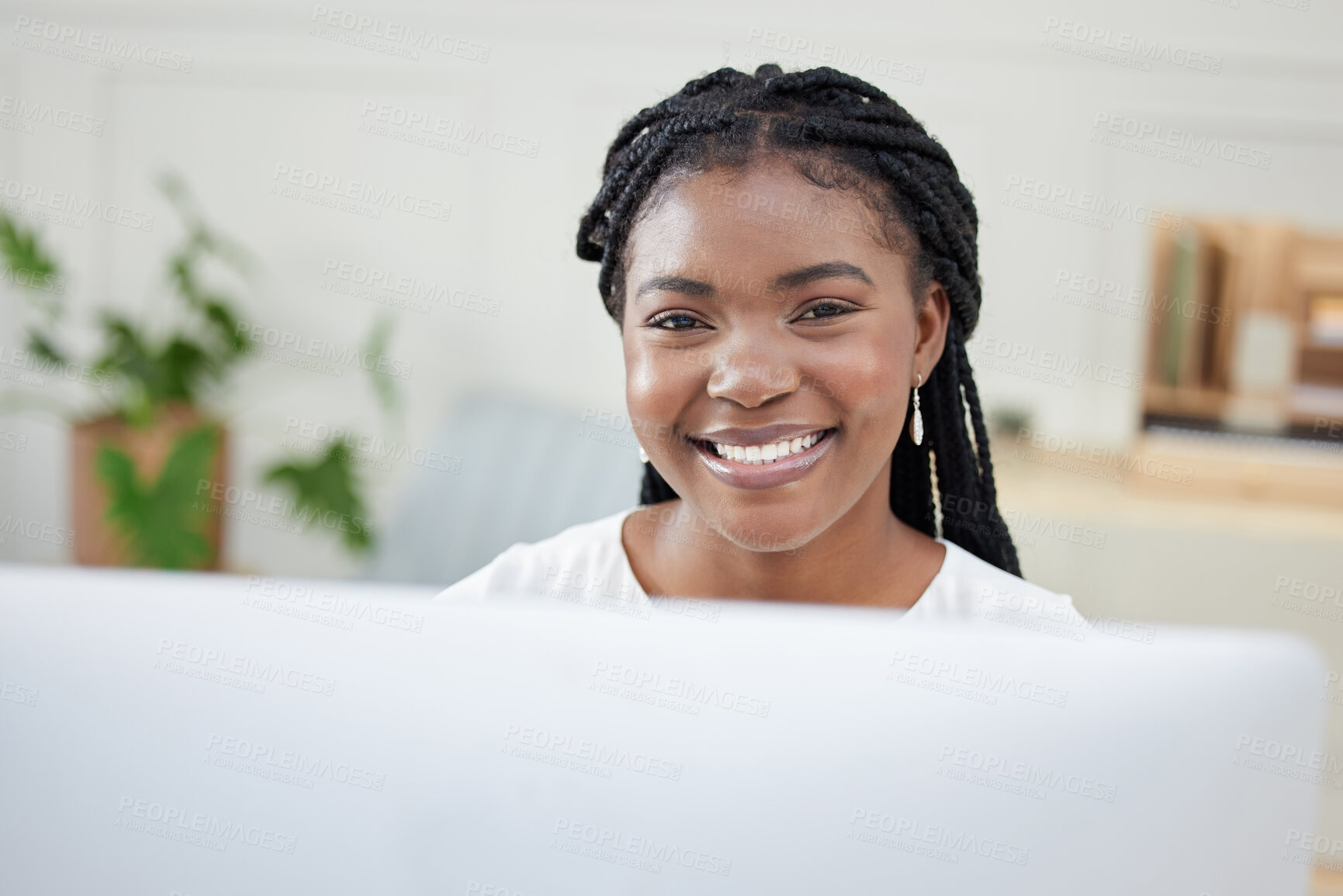 Buy stock photo African woman, portrait and computer in office with smile, pride or career in copywriting on web. Person, writer and happy by pc for editing, research or creativity for business at media agency