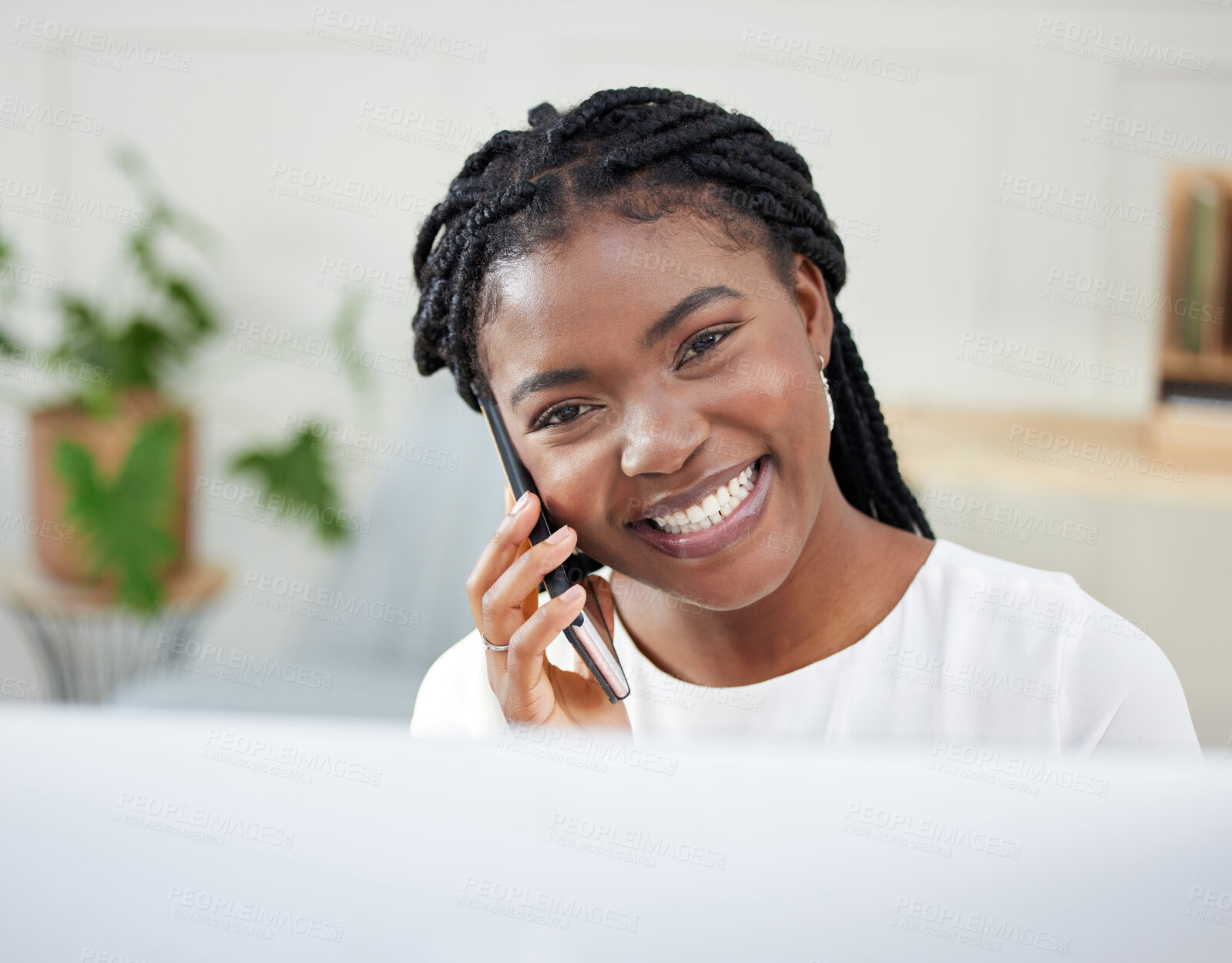 Buy stock photo Portrait, receptionist or happy black woman in phone call for writing, contact in business for planning. PA, secretary and assistant with mobile, computer or communication for booking appointment