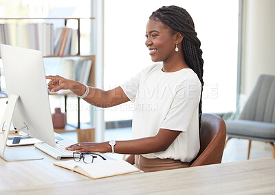 Buy stock photo Black woman, computer and editor working in office or author, editing document or typing email, idea or planning. Businesswoman, desktop and workplace of writer, publisher or professional employee